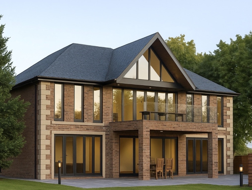 Bespoke luxury new build home with apex glazing and bi-fold doors designed by Duke Design Services