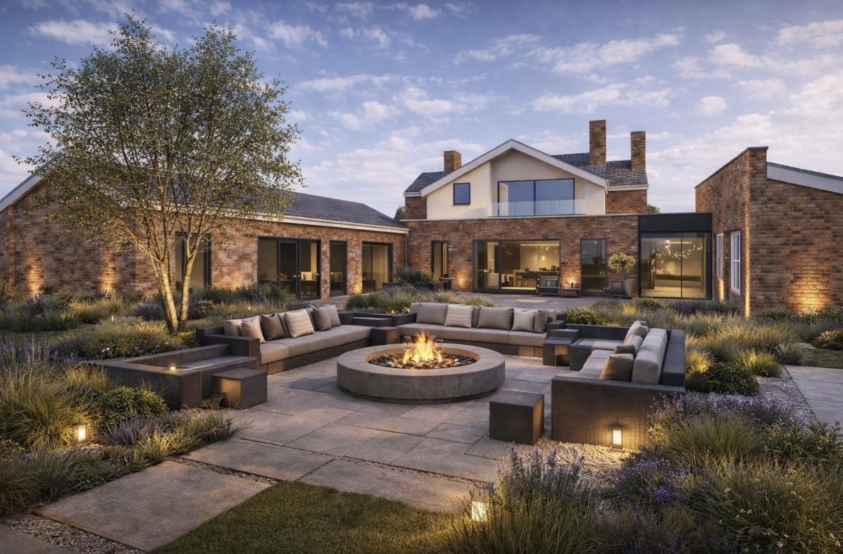 Landscaped Terrace & Fire Pit — New Build by Duke Design Services
